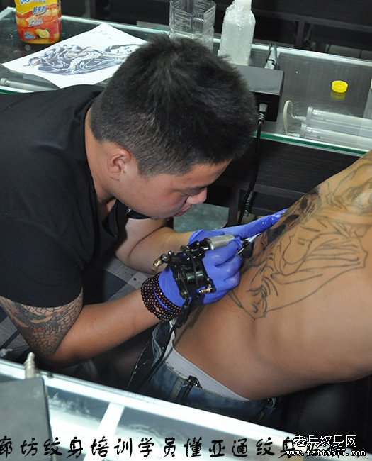 河北廊坊纹身培训学员懂亚通满背纹身图案实操中
