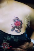 武汉老兵纹身店兵哥为一天蝎座美女打造的蝎子玫瑰纹身作品
