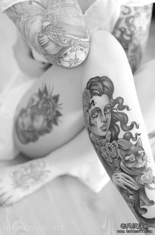 女性腿部肖像纹身图案由武汉最好的纹身店推荐