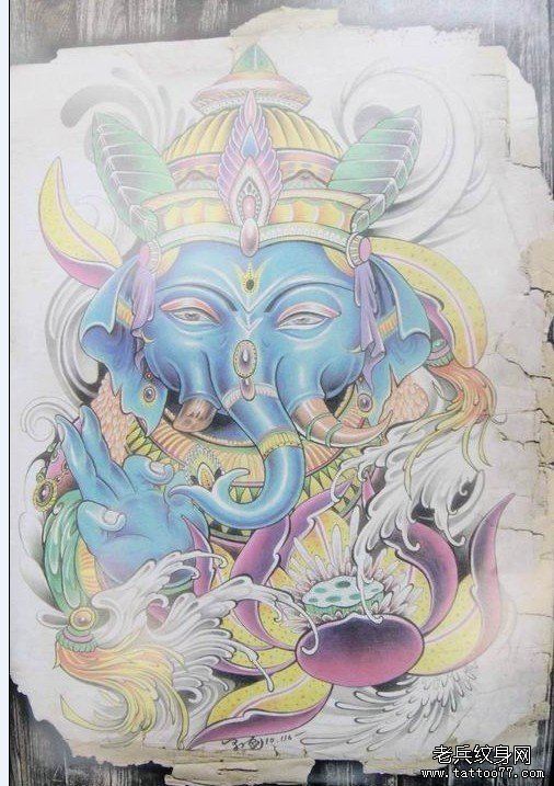 个性的彩色象神纹身手稿图案由武汉最好的纹身店推荐