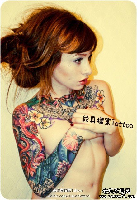 彩色花臂tattoo girl纹身图案