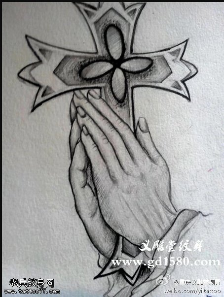 祈祷之手十字架纹身手稿图片
