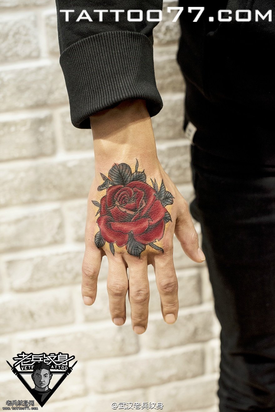 手背school玫瑰花纹身图案作品