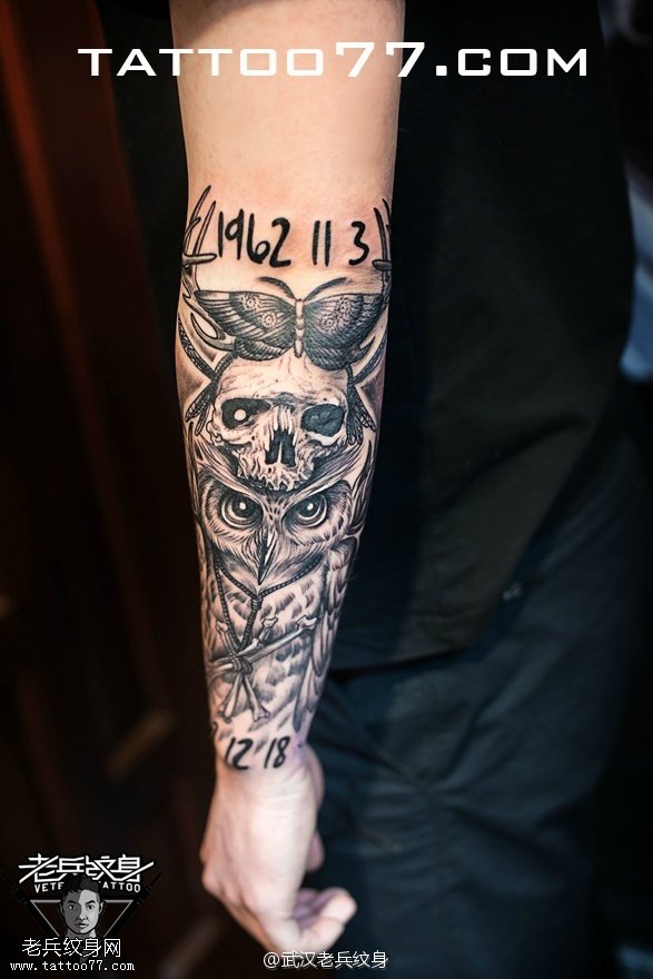 超酷小花臂欧美骷髅猫头鹰纹身图案作品