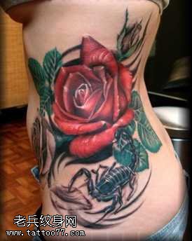 腰部红艳的玫瑰花纹身图案