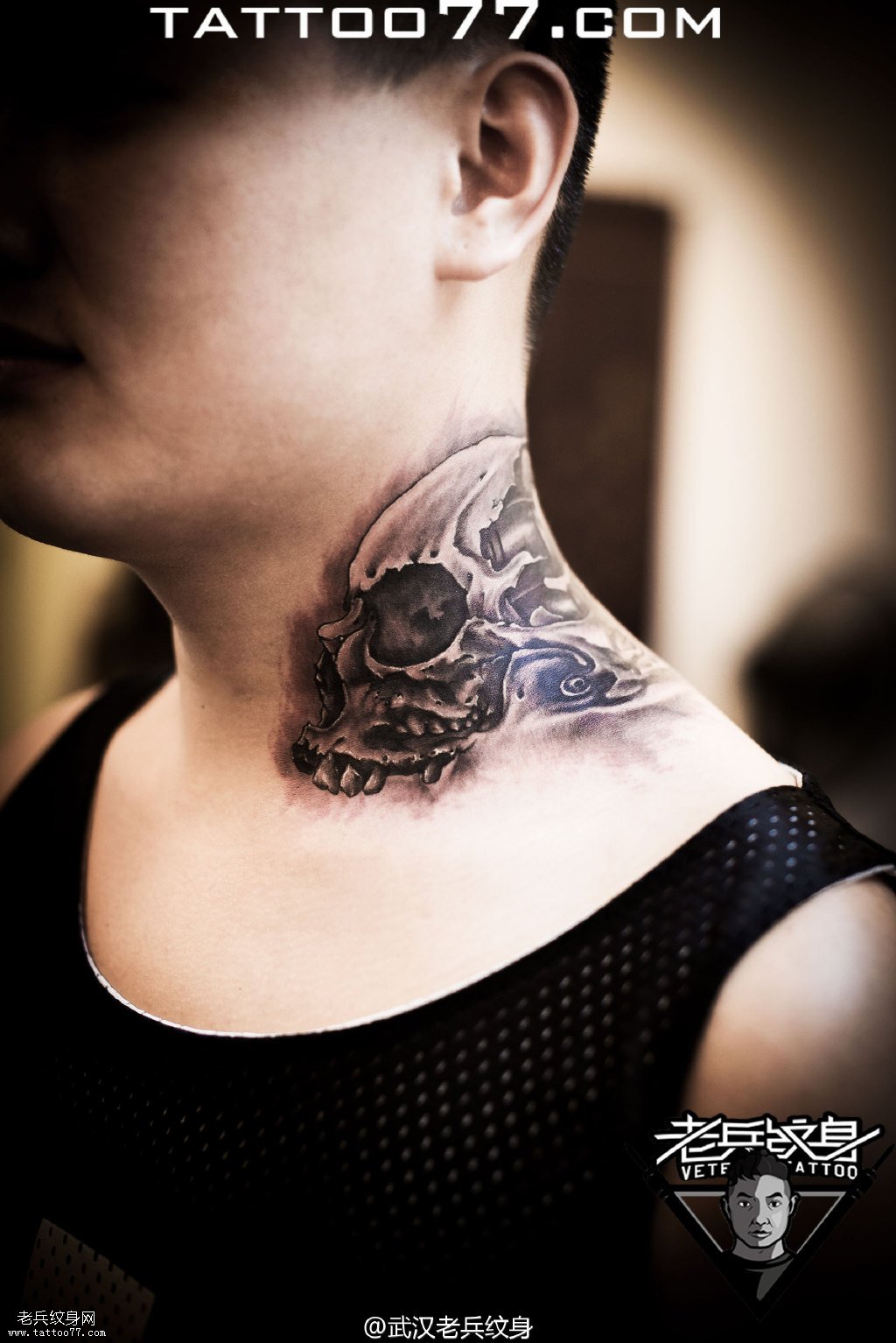 纹身最疼部位之一 脖子骷髅纹身图案作品