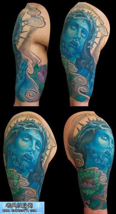 大臂耶稣牡丹纹身图案