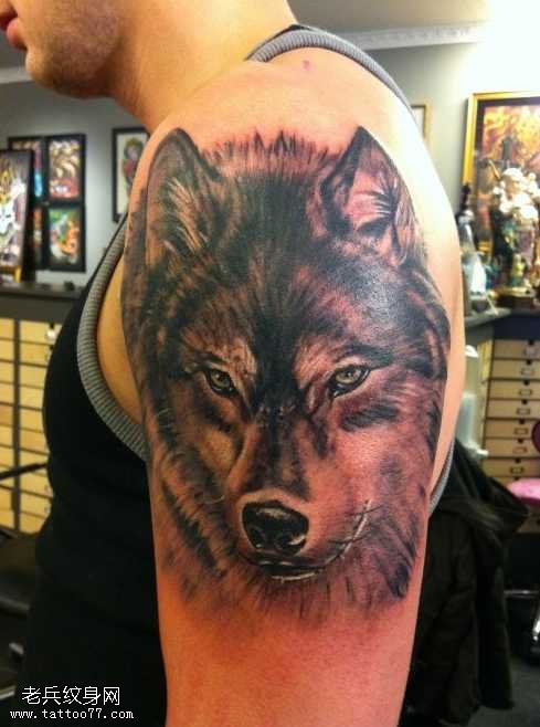 大臂上时尚的狼头纹身图案