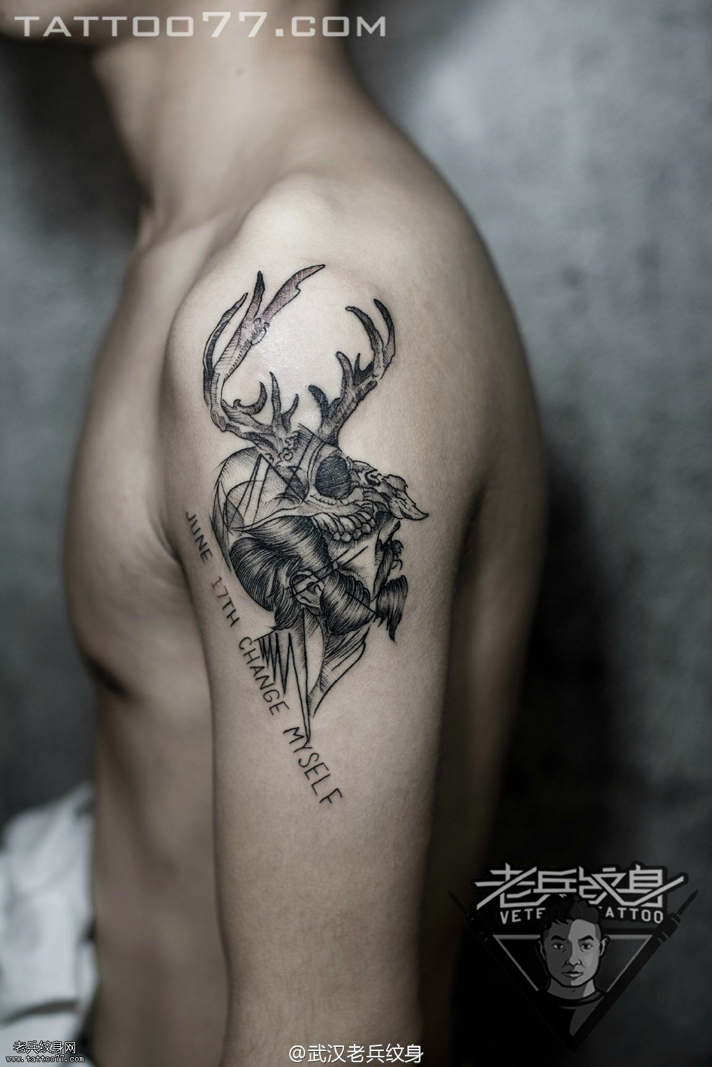 大臂欧美男人鹿骷髅纹身图案作品