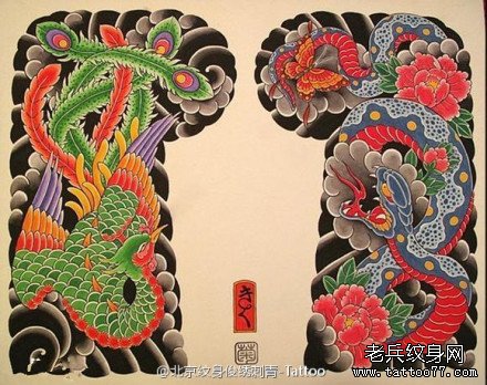 日式老传统凤凰蛇纹身图案手稿