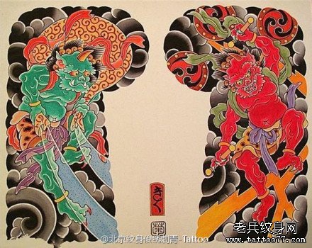 日式老传统风神雷神纹身图案手稿