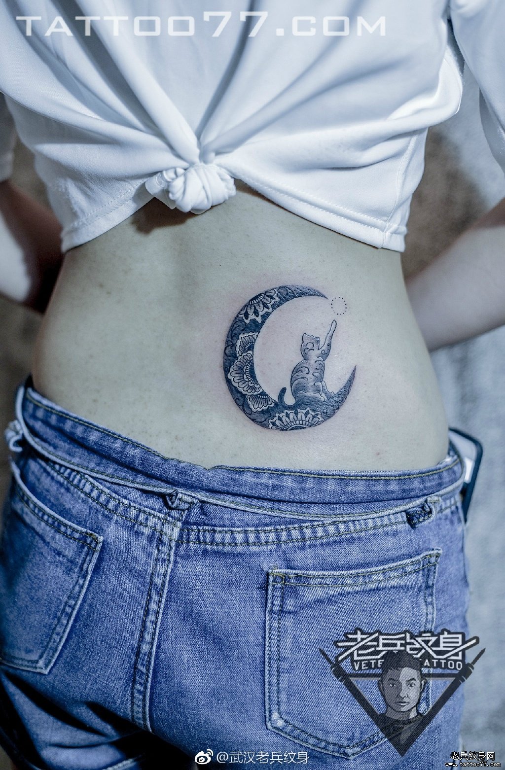 后腰月亮猫咪纹身图案作品