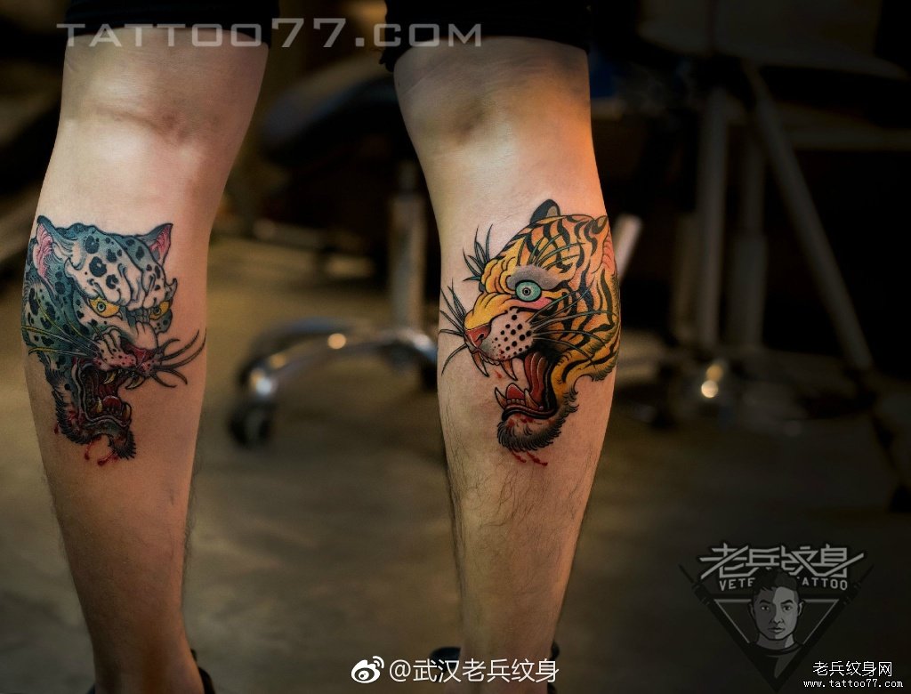 小腿school豹子老虎头纹身图案作品