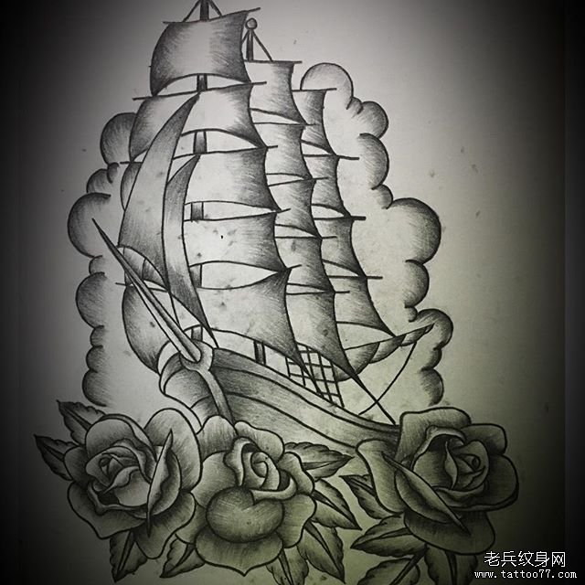 黑灰帆船玫瑰纹身图案