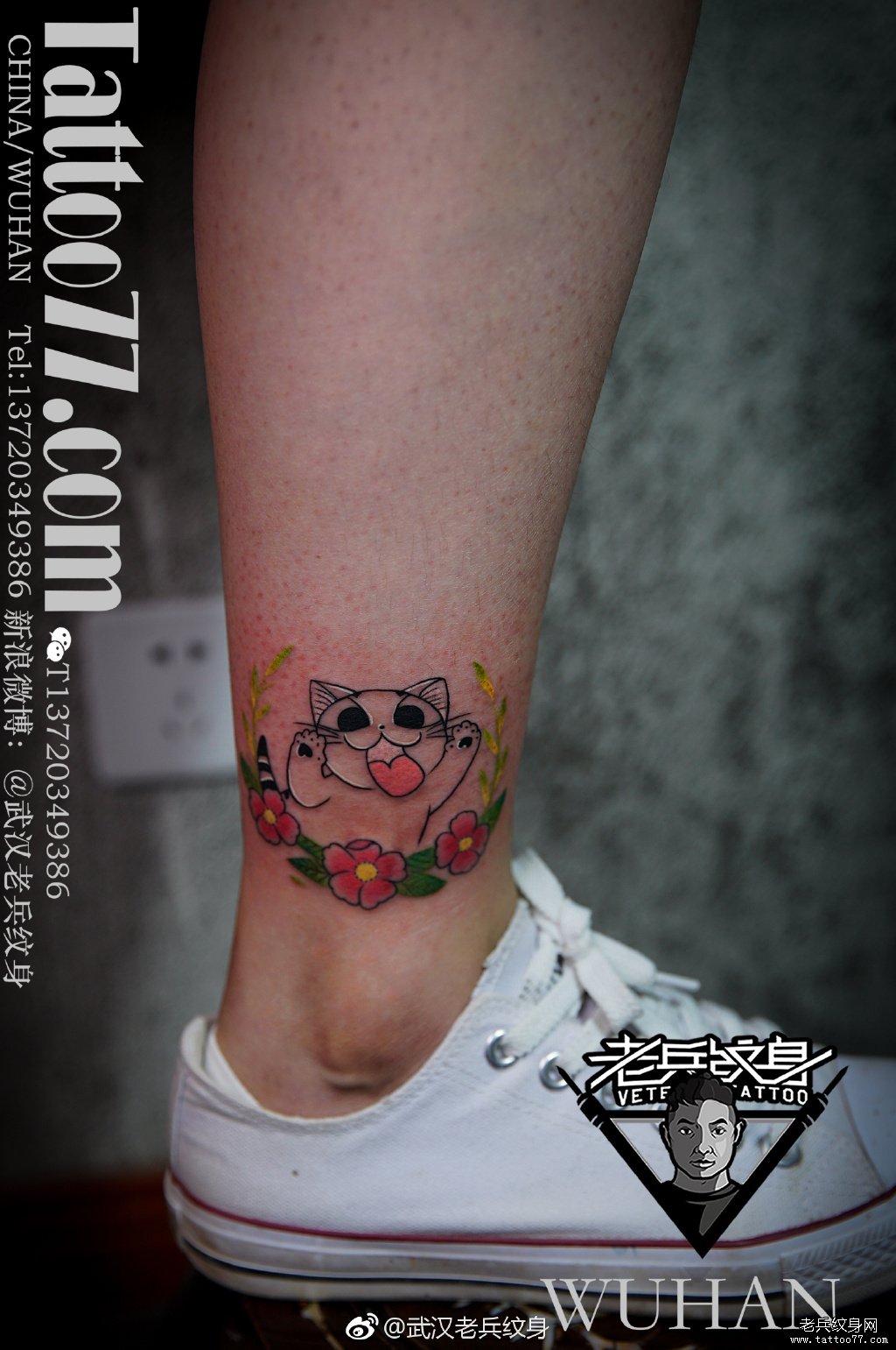 小腿猫咪小清新纹身图案