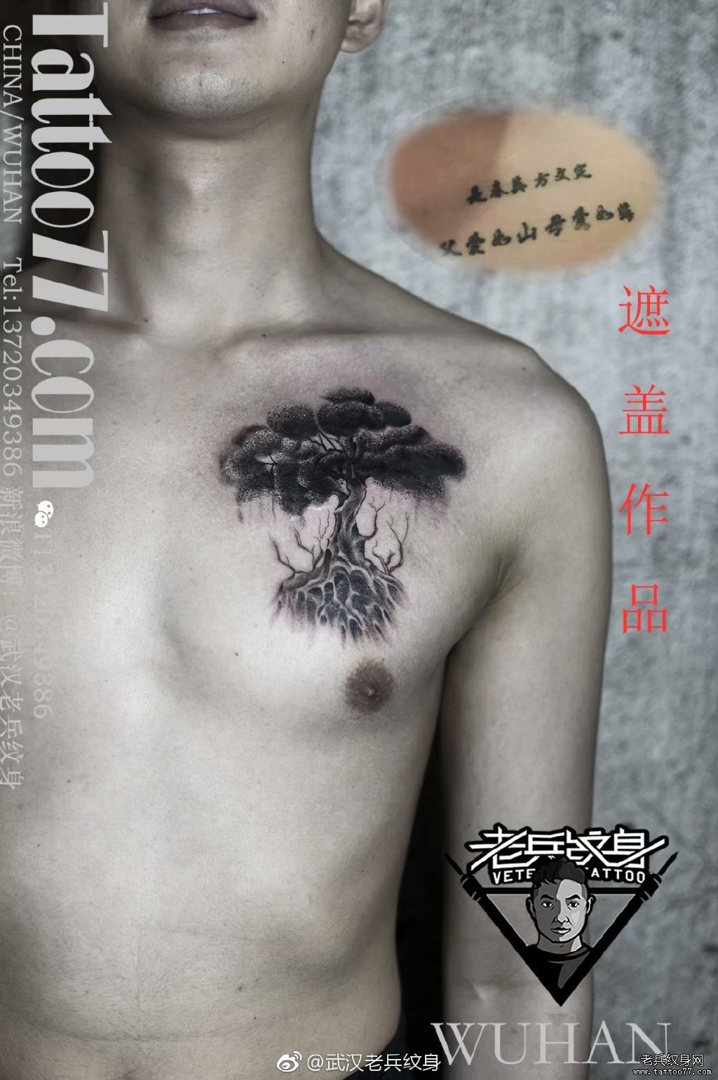 胸前黑灰松树遮盖纹身图案