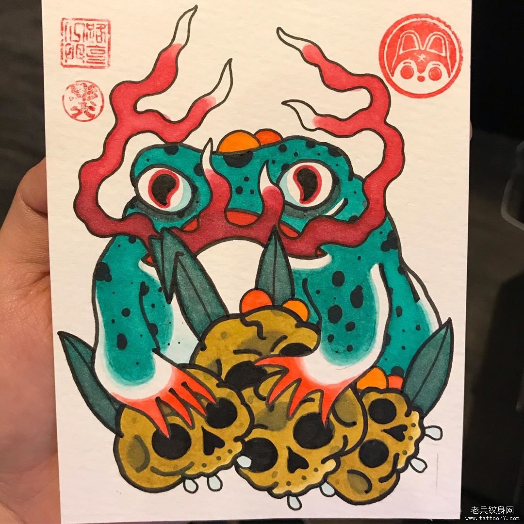 彩色个性青蛙传统纹身手稿