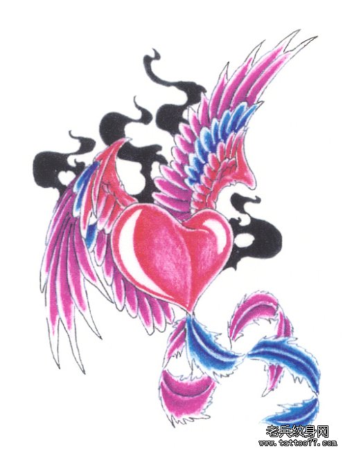好看的红色爱心与翅膀纹身图案为北京纹身爱好