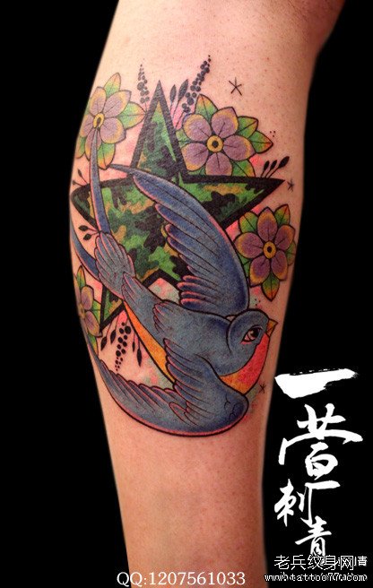 女生腿部潮流时尚的燕子纹身图案_武汉纹身店