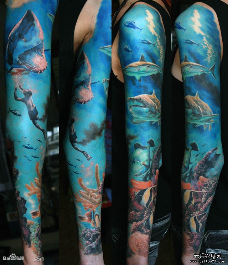 分享一款海洋世界花臂纹身图案_武汉纹身店之