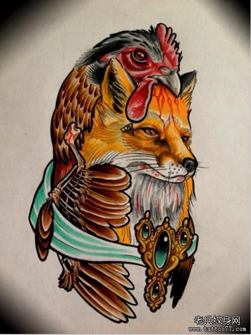 分享一款漂亮的狐狸公鸡纹身图案_武汉纹身店