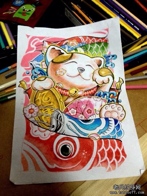 一款彩色招财猫纹身图案由武汉纹身店推荐