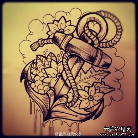 武汉最好的纹身店推荐一款船锚线稿纹身图案_
