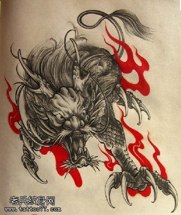 武汉纹身段提供一款火麒麟纹身手稿图案_武汉