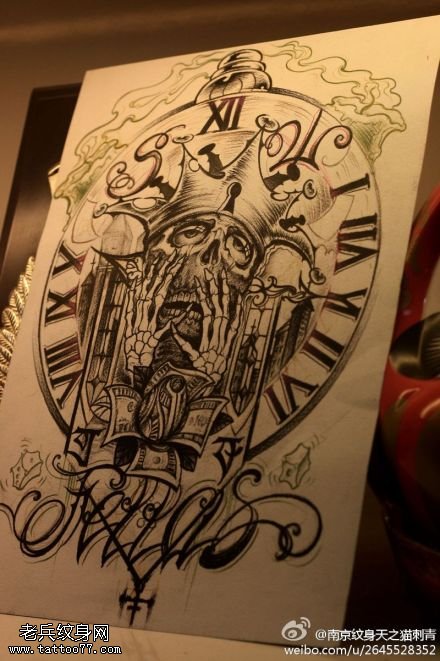欧美死神时钟字母纹身手稿图案
