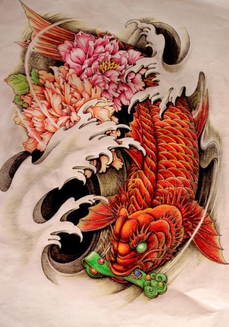 鳌鱼牡丹纹身图案