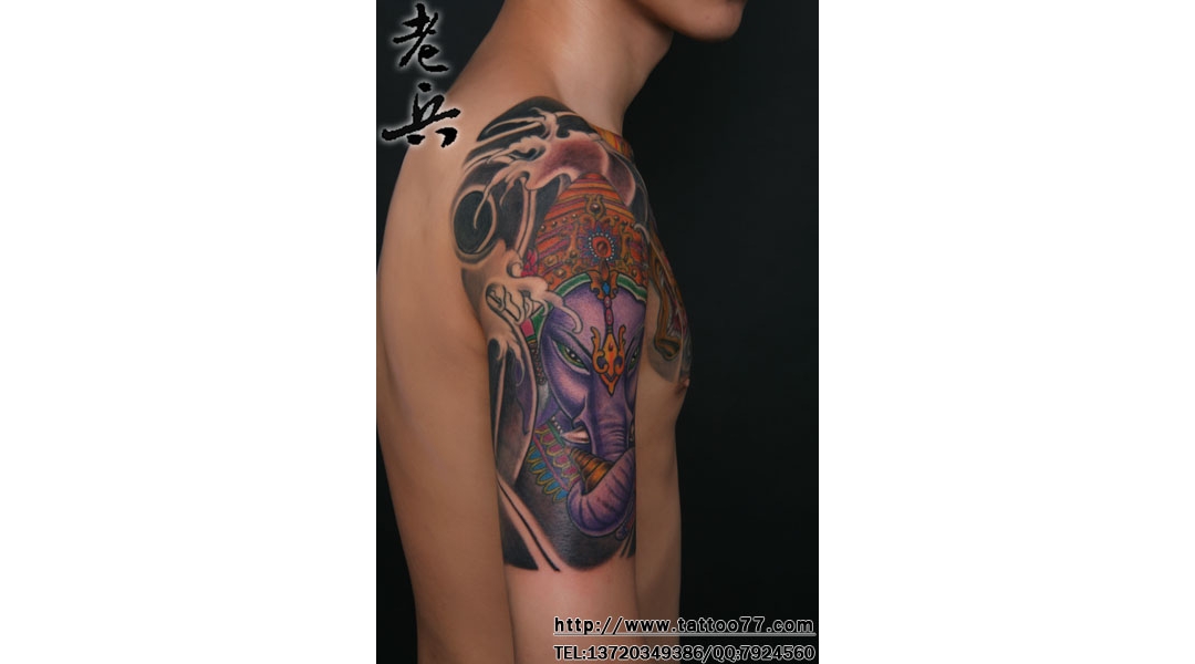 武汉老兵纹身作品：传统半胛般若象神纹身（tattoo）作品