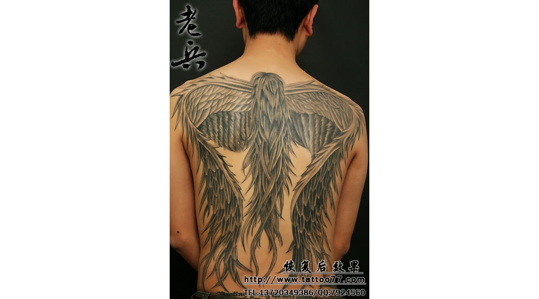满背翅膀纹身图案作品恢复后效果（tattoo）