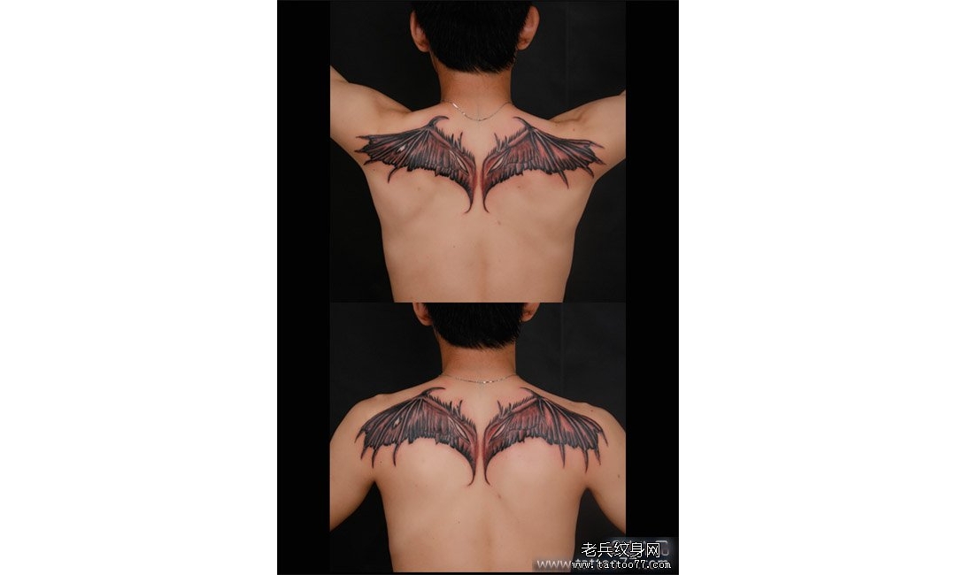 武汉老兵纹身店：背部恶魔翅膀纹身图案作品