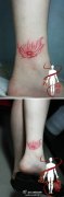 美女脚腕处好看的彩色莲花纹身图案