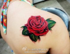 女孩子肩背时尚流行的彩色玫瑰花纹身图案