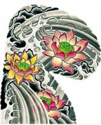 日本日式一款经典的传统半胛莲花浪花纹身图案