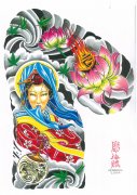 日式老传统之一款时尚漂亮的半胛美女莲花梵文树叶纹身图案
