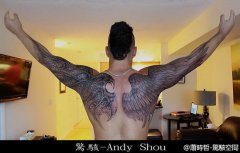 男人后背到手臂一半天使一半恶魔翅膀纹身图案