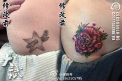 纹身遮盖－女生腹部潮流精美的彩色玫瑰花纹身图案