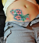 腹部彩色花卉纹身作品遮盖疤痕
