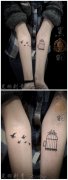 女生手臂小巧时尚的小鸟与鸟笼纹身图案
