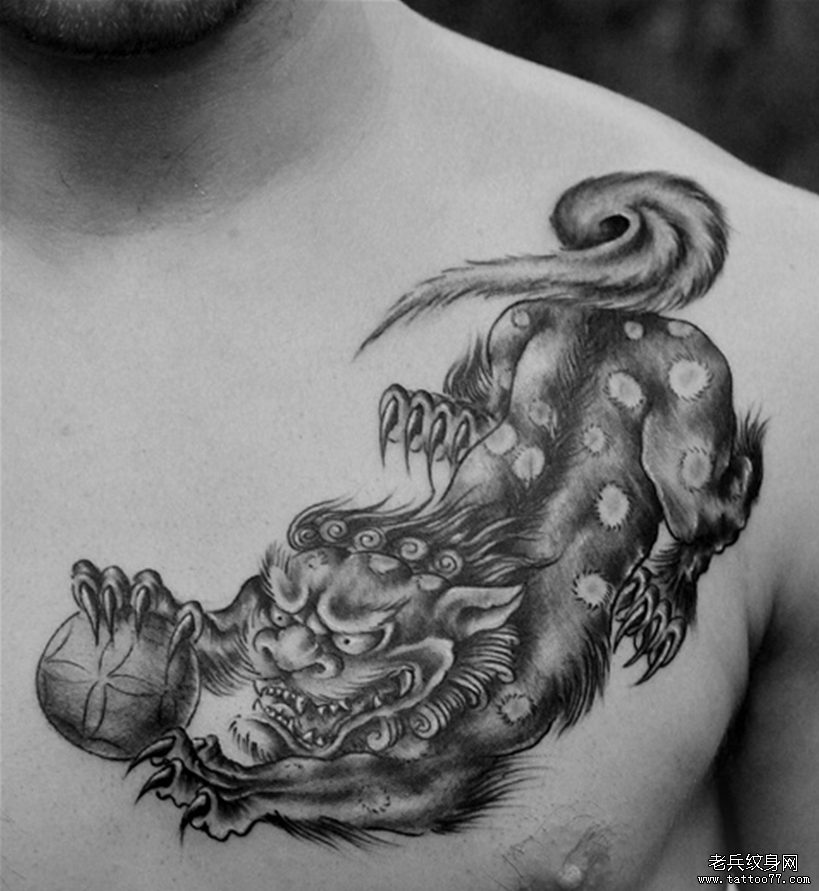 前胸唐狮子tattoo图案由武汉纹身店推荐