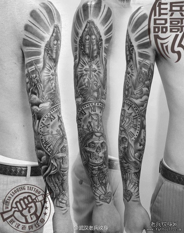 武汉专业纹身店兵哥打造的超酷的欧美花臂纹身作品
