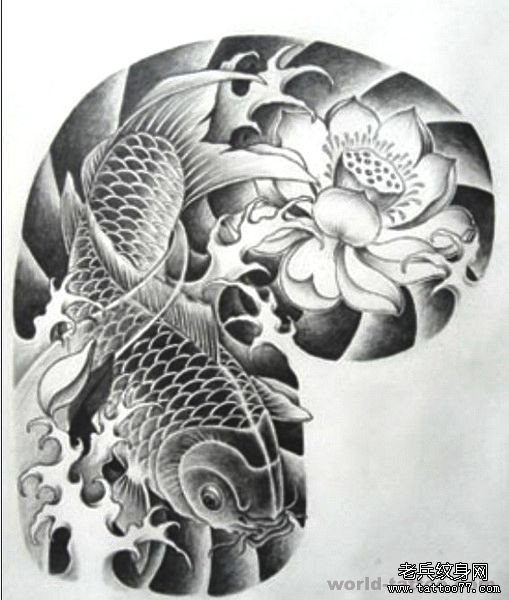 武汉纹身店半胛纹身手稿图案莲花鲤鱼