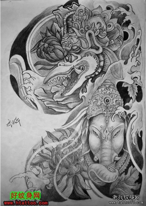 一款半胛象神纹身图案由武汉最好的纹身店推荐