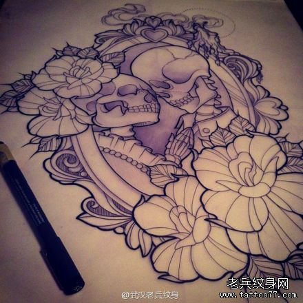 个性的骷髅玫瑰花纹身手稿图案由武汉纹身店推荐