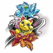武汉纹身店推荐一款招财猫莲花纹身图案