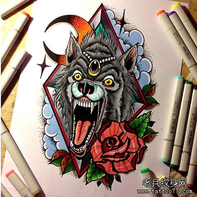 狼头玫瑰花纹身图案由武汉纹身馆推荐