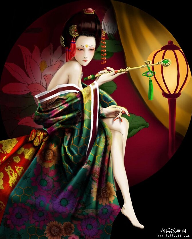彩色艺妓纹身图案