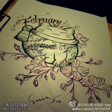 彩色可爱的招财猫纹身图案大全